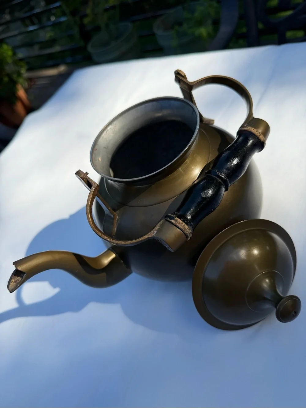Beautiful Vintage Brass Teapot Kettle With Black Wood Handle Patina Farmhouse